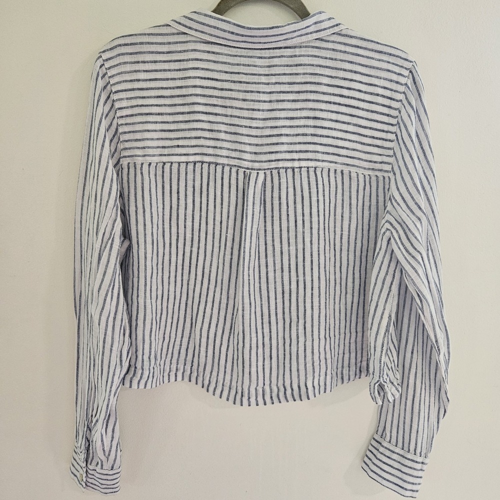 Christian Siriano L Womens Linen Striped Button Down Blue White Nautical Coastal - Picture 7 of 8